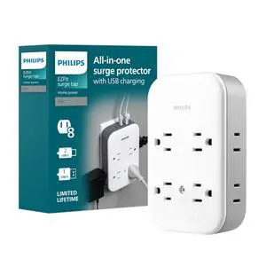 All-in-One Surge Tap with USB, 4 Grounded & 4 Polarized Outlets | 2 USB-C & 1 USB-A Ports, 15W Shared, 1140 Joules, ETL Certified, White/Gray, SPP3453GW/37 All-in-One Surge Tap with USB, 4 Grounded & 4 Polarized Outlets | 2 USB-C & 1 USB-A Ports, 15W Shared, 1140 Joules, ETL Certified, White/Gray, SPP3453GW/37