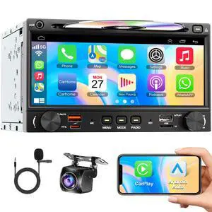 Wireless Double Din Car Stereo Radio with CD/DVD Player, Carplay & Android Auto, 7 inch Car Audio with HD Touchscreen, Bluetooth, Mirror Link, Backup Camera, SWC, FM/AM, USB/SD, A/V Input Wireless Double Din Car Stereo Radio with CD/DVD Player, Carplay & Android Auto, 7 inch Car Audio with HD Touchscreen, Bluetooth, Mirror Link, Backup Camera, SWC, FM/AM, USB/SD, A/V Input