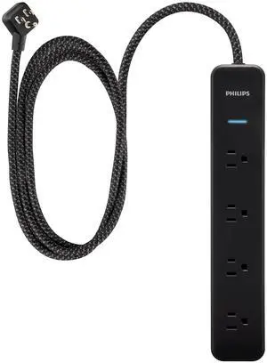 Surge Protector Power Strip, 4 Ft Braided Extension Cord | 4 Outlet Extender (Wide Spaced), 450 Joules, Flat Plug, Wall Mount, Home Office Dorm Essentials, Black, SPP3503B/37 Surge Protector Power Strip, 4 Ft Braided Extension Cord | 4 Outlet Extender (Wide Spaced), 450 Joules, Flat Plug, Wall Mount, Home Office Dorm Essentials, Black, SPP3503B/37
