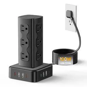 Power Strip Tower, 100W USB Charging Station Tower 12 AC Outlets | 8 USB Ports (4 USB C), 6 Ft Flat Plug Extension Cord with Multiple Outlets, Home Office Dorm Room Essentials, Black Power Strip Tower, 100W USB Charging Station Tower 12 AC Outlets | 8 USB Ports (4 USB C), 6 Ft Flat Plug Extension Cord with Multiple Outlets, Home Office Dorm Room Essentials, Black