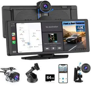Portable Wireless CarPlay Screen for Car with 4K Dash Cam+1080P Backup Camera, 10.26IPS Touchscreen Car Stereo, Supports CarPlay/Android Auto/Voice Control/GPS Navigation/Bluetooth/Mirror Link Portable Wireless CarPlay Screen for Car with 4K Dash Cam+1080P Backup Camera, 10.26IPS Touchscreen Car Stereo, Supports CarPlay/Android Auto/Voice Control/GPS Navigation/Bluetooth/Mirror Link