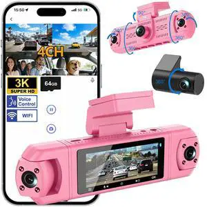 4 Channel Dash Cam,360 Degree, Front and Rear Inside Dash Cam for Cars, APP Control, Built-in WiFi,8 IR Night Vision, Parking Mode, Loop Recording, Fre 64G SD Card, Voice Control,3K+1080P x3 4 Channel Dash Cam,360 Degree, Front and Rear Inside Dash Cam for Cars, APP Control, Built-in WiFi,8 IR Night Vision, Parking Mode, Loop Recording, Fre 64G SD Card, Voice Control,3K+1080P x3