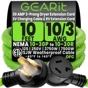 3 Prong Dryer Cord, 10 Ft Dryer Extension Cord, NEMA 10-30P to 10-30R, 30 Amp 220V 240V Heavy Duty, 10/3 AWG STW Copper Cable, 3 Prong Dryer Extension Cord for Older Outlets 3 Prong Dryer Cord, 10 Ft Dryer Extension Cord, NEMA 10-30P to 10-30R, 30 Amp 220V 240V Heavy Duty, 10/3 AWG STW Copper Cable, 3 Prong Dryer Extension Cord for Older Outlets