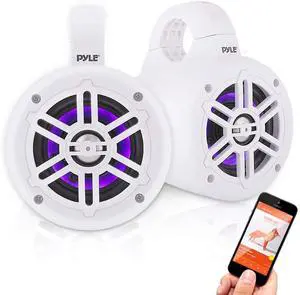 Waterproof Marine Wakeboard Tower Speakers - 4in Dual Subwoofer Speaker Set w/LED Lights & Bluetooth for Wireless Music Streaming - Boat Audio System w/Mounting Clamps PLMRLEWB47WB (White) Waterproof Marine Wakeboard Tower Speakers - 4in Dual Subwoofer Speaker Set w/LED Lights & Bluetooth for Wireless Music Streaming - Boat Audio System w/Mounting Clamps PLMRLEWB47WB (White)
