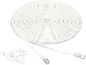 RJ45 Cat 7 Ethernet Patch Cable, Flat, 600MHz, Snagless, Gold Plated, LAN Network, Includes 20 Nails, 50 Foot, White RJ45 Cat 7 Ethernet Patch Cable, Flat, 600MHz, Snagless, Gold Plated, LAN Network, Includes 20 Nails, 50 Foot, White