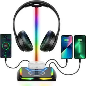 RGB Headphone Stand with 2 USB-C & 1 USB Charging Ports, Desk Gaming Headset Holder with 7 Light Modes and Non-Slip Rubber Base Suitable for All Earphone Accessories | 2 USB-C & 1 USB Charging Ports, RGB Headphone Stand with 2 USB-C & 1 USB Charging Ports, Desk Gaming Headset Holder with 7 Light Modes and Non-Slip Rubber Base Suitable for All Earphone Accessories | 2 USB-C & 1 USB Charging Ports,