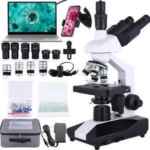 Compound Trinocular Microscope 40X-5000X Magnification, Research Grade Professional Microscope, Two Levels of Mechanical Stage LED Illumination, USB Video Camera with Microscope for Adults Compound Trinocular Microscope 40X-5000X Magnification, Research Grade Professional Microscope, Two Levels of Mechanical Stage LED Illumination, USB Video Camera with Microscope for Adults
