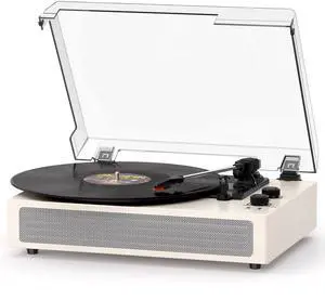 White Bluetooth Record Player, Vintage 3-Speed Turntable | Elegant vintage design with 3-speed playback, Bluetooth, stereo speakers, auto stop, AUX input and RCA output White Bluetooth Record Player, Vintage 3-Speed Turntable | Elegant vintage design with 3-speed playback, Bluetooth, stereo speakers, auto stop, AUX input and RCA output