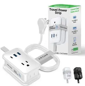 Travel Charger for Multiple Devices, Flat Plug Power Strip 3ft Adapter Extension Cord, 3 AC Outlets, 2 USB & 1 Fast Charging USB-C, No Surge Cruise Approved, Portable Power Strip Travel Charger for Multiple Devices, Flat Plug Power Strip 3ft Adapter Extension Cord, 3 AC Outlets, 2 USB & 1 Fast Charging USB-C, No Surge Cruise Approved, Portable Power Strip