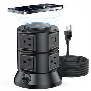 Power Strip Tower 1875W 15A with 15W Magnetic Wireless Charger, Dual-Layer Rotatable Design, 540 Joules Surge Protector Tower with 6 AC Outlets and 4 USB Ports(2USBA+2USBC), 5FT Braided Extension Cord Power Strip Tower 1875W 15A with 15W Magnetic Wireless Charger, Dual-Layer Rotatable Design, 540 Joules Surge Protector Tower with 6 AC Outlets and 4 USB Ports(2USBA+2USBC), 5FT Braided Extension Cord