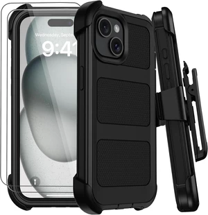 for iPhone 15 Case with Belt Clip Holster Anti-Drop Shockproof (Black)