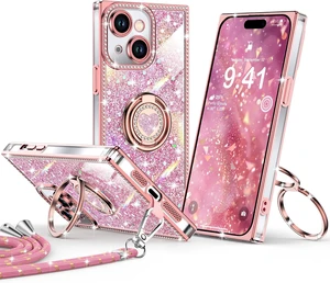 for iPhone 15 Case Glitter Bling Phone Cover with 2-Ring Heart Stand & Lanyard Women Girls Luxury Rhinestone Shockproof Protective Case for iPhone 15 Pink for iPhone 15 Case Glitter Bling Phone Cover with 2-Ring Heart Stand & Lanyard Women Girls Luxury Rhinestone Shockproof Protective Case for iPhone 15 Pink