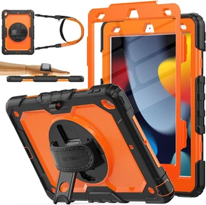Case for iPad 9th/ 8th/ 7th Generation 10.2 Shockproof with Screen Protector Pencil Holder [360° Rotating Hand Strap] & Stand for iPad 10.2 inch 2021-2019 (Brightorange)