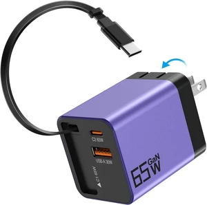 65W GaN USB C Charger 3-Port with Retractable 0.7m Cable(Purple) 65W GaN USB C Charger 3-Port with Retractable 0.7m Cable(Purple)