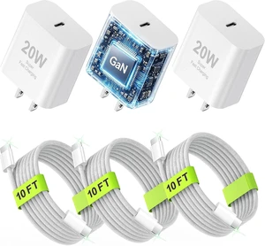 20W USB C Fast Charger for iPhone 3-Pack with 10FT Braided Cable 20W USB C Fast Charger for iPhone 3-Pack with 10FT Braided Cable