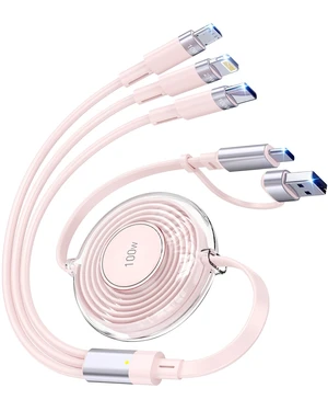 100W 6-in-1 Retractable Multi Charging Cable USB C/Lightning/Micro Multi Charger Cords for iPhones iPads MacBook Tablets Galaxy Note & More - 4Ft/1.2M 5A Fast Charging Durable & Portable Pink