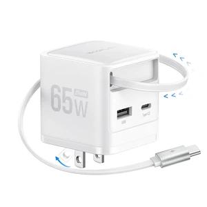 65W USB C Charger with Retractable Cable 3-in-1 Phone Charger with Type C Cable 2-Port Fast Charger Compatible with iPhone 17 16 Pro Max iPad Galaxy S25 Steam Deck (White)