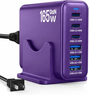 165W GaN Charger Station 6 Port USB C Desktop Fast Charger Purple 165W GaN Charger Station 6 Port USB C Desktop Fast Charger Purple