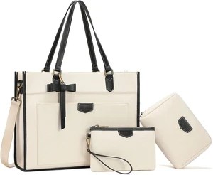 3pcs Laptop Bag for Women 15.6 Inch Canvas Tote Bag Work Bags Large Business Computer Briefcase Shoulder Handbag Purse