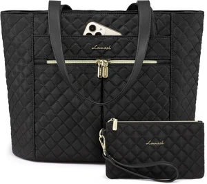 Laptop Bag for Women 17 inch Diamond Quilted Work Tote Bags Womens Laptop Tote Bag Computer Shoulder Bags Stylish Travel Tote Bags Laptop Purse Case Briefcase Handbag with Clutch Purse Black