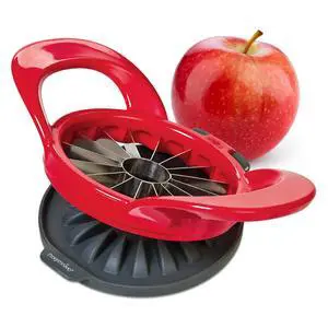 Apple Slicer and Corer, Attached Safety Cover, Cuts 16 Thin Apple Slices, Red Apple Slicer and Corer, Attached Safety Cover, Cuts 16 Thin Apple Slices, Red