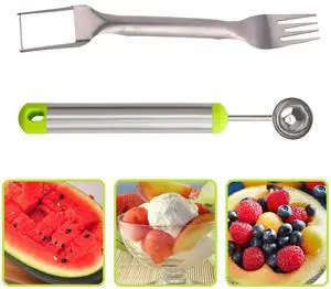 2-in-1 Stainless Steel Watermelon Fruit Cutter Slicer Tool and Melon Baller Scoop Fruit Ball Cutter Set, Dual Head Fork Knife Melon Cutter Cutting Tool. 2-in-1 Stainless Steel Watermelon Fruit Cutter Slicer Tool and Melon Baller Scoop Fruit Ball Cutter Set, Dual Head Fork Knife Melon Cutter Cutting Tool.