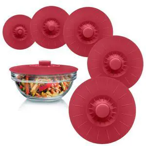 Silicone Bowl Lids Red, Set of 5 Reusable Suction Seal Covers for Bowls, Pots, Cups. Food Safe Natural grip, interlocking handles for easy use and storage. Silicone Bowl Lids Red, Set of 5 Reusable Suction Seal Covers for Bowls, Pots, Cups. Food Safe Natural grip, interlocking handles for easy use and storage.