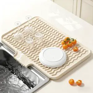 Silicone Dish Drying Mat for Kitchen Counter, 16 x 12" Drainer Pad with Drainage Spout, Non-Slip Countertop Protector Heat Resistant Trivet, Kitchen Decor Mat Sink Drip Pad for Dishes, Beige Silicone Dish Drying Mat for Kitchen Counter, 16 x 12" Drainer Pad with Drainage Spout, Non-Slip Countertop Protector Heat Resistant Trivet, Kitchen Decor Mat Sink Drip Pad for Dishes, Beige