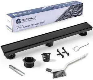 Linear Shower Drain 24 inch Matte Black with 2-in-1 Flat & Tile Insert Cover - 304 Stainless Steel Shower Floor Drain - Linear Drain with Reversible Cover & Hair Catcher - Includes Cleaning Tools Linear Shower Drain 24 inch Matte Black with 2-in-1 Flat & Tile Insert Cover - 304 Stainless Steel Shower Floor Drain - Linear Drain with Reversible Cover & Hair Catcher - Includes Cleaning Tools