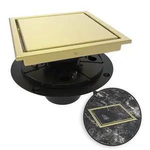 Inch Square Shower Drain Gold Floor Drain with Flange Reversible 2-in-1 Cover Tile Insert Grate Removable SUS304 Stainless Steel CUPC Certified Brushed Gold Inch Square Shower Drain Gold Floor Drain with Flange Reversible 2-in-1 Cover Tile Insert Grate Removable SUS304 Stainless Steel CUPC Certified Brushed Gold