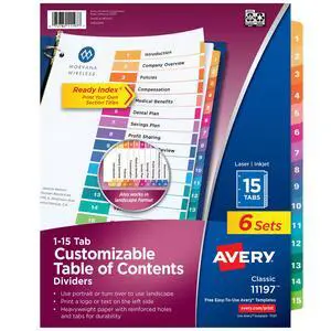 Tab Dividers for 3 Ring Binders, Customizable Table of Contents, Multicolor Tabs, 6 Sets (11197) Tab Dividers for 3 Ring Binders, Customizable Table of Contents, Multicolor Tabs, 6 Sets (11197)