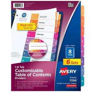 Tab Dividers for 3 Ring Binders, Customizable Table of Contents, Multicolor Tabs, 6 Sets (11186) Tab Dividers for 3 Ring Binders, Customizable Table of Contents, Multicolor Tabs, 6 Sets (11186)