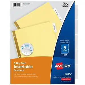 Insertable Dividers for 3 Ring Binder, 5-Tab Set, Clear Big Tabs, Buff Paper with Gold-Reinforced, 1 Set, Great for Organizing Projects, Reports, Finances, and More (11110) Insertable Dividers for 3 Ring Binder, 5-Tab Set, Clear Big Tabs, Buff Paper with Gold-Reinforced, 1 Set, Great for Organizing Projects, Reports, Finances, and More (11110)