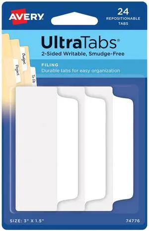 3" x 1.5", 2-Side Writable, White, 24 Repositionable File Tabs 3" x 1.5", 2-Side Writable, White, 24 Repositionable File Tabs