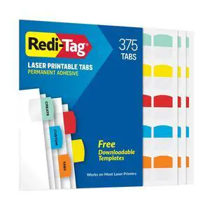 Laser Printable Tabs, Permanent Index Tabs, Customizable Adhesive Labels, 5 Assorted Colors: Yellow, Red, Blue, Green, Orange, 1.125" x 1.25", 375 Per Pack Laser Printable Tabs, Permanent Index Tabs, Customizable Adhesive Labels, 5 Assorted Colors: Yellow, Red, Blue, Green, Orange, 1.125" x 1.25", 375 Per Pack