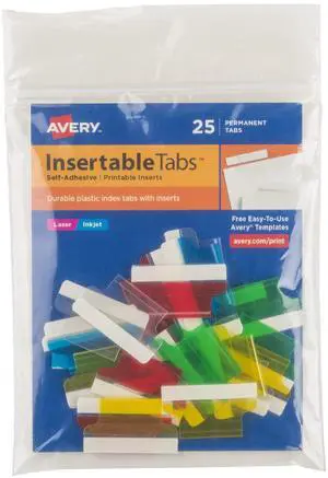 Insertable Self-Adhesive Tabs with Printable Inserts, 1", Permanent Adhesive, Assorted (Blue, Clear, Green, Red and Yellow), Pack of 25 Index Tabs Insertable Self-Adhesive Tabs with Printable Inserts, 1", Permanent Adhesive, Assorted (Blue, Clear, Green, Red and Yellow), Pack of 25 Index Tabs