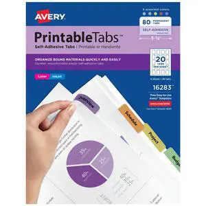 Printable Self-Adhesive Plastic Tabs, 1-3/4", Repositionable Adhesive, Assorted Colors, Pack of 80 Printable Self-Adhesive Plastic Tabs, 1-3/4", Repositionable Adhesive, Assorted Colors, Pack of 80