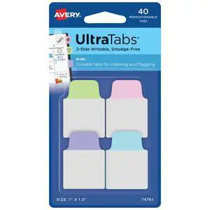 Mini Ultra Tabs, 1" x 1.5", 2-Side Writable, Assorted Pastel Colors, 40 Repositionable Tabs (74761) Mini Ultra Tabs, 1" x 1.5", 2-Side Writable, Assorted Pastel Colors, 40 Repositionable Tabs (74761)