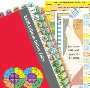 Plastic Index Tabs for 2026 NEC (Book Not Included), 152 Printed Tabs + Blanks, Color-Coded and Durable, with Page Index/Wire Chart & Formula Guide/2 Ohms Law Stickers/Alignment Card Plastic Index Tabs for 2026 NEC (Book Not Included), 152 Printed Tabs + Blanks, Color-Coded and Durable, with Page Index/Wire Chart & Formula Guide/2 Ohms Law Stickers/Alignment Card