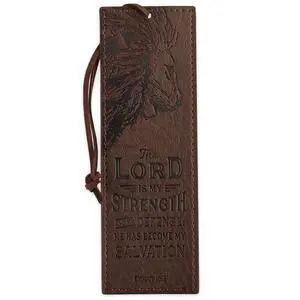 Premium Vegan Faux Leather Scripture Bookmark for Men: The Lord Is My Strength - Exodus 15:2 Inspirational Bible Verse Heat-Debossed, Faith-Based Reading Accessory with Cord, Brown Premium Vegan Faux Leather Scripture Bookmark for Men: The Lord Is My Strength - Exodus 15:2 Inspirational Bible Verse Heat-Debossed, Faith-Based Reading Accessory with Cord, Brown