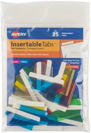 Insertable Self-Adhesive Tabs with Printable Inserts, 1-1/2", Permanent Adhesive, Assorted (Blue, Clear, Green, Red and Yellow), Pack of 25 Index Tabs Insertable Self-Adhesive Tabs with Printable Inserts, 1-1/2", Permanent Adhesive, Assorted (Blue, Clear, Green, Red and Yellow), Pack of 25 Index Tabs