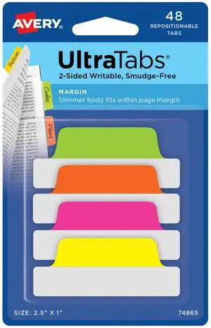 Margin Ultra Tabs, 2.5" x 1", 2-Side Writable, Assorted Neon Colors, 48 Repositionable Page Tabs Margin Ultra Tabs, 2.5" x 1", 2-Side Writable, Assorted Neon Colors, 48 Repositionable Page Tabs