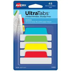 Margin Ultra Tabs, 2.5" x 1", 2-Side Writable, Assorted Colors, 48 Repositionable Page Tabs Margin Ultra Tabs, 2.5" x 1", 2-Side Writable, Assorted Colors, 48 Repositionable Page Tabs