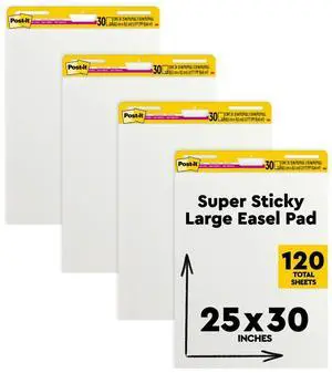 Super Sticky Easel Pad, 25 in x 30 in, White, 30 Sheets/Pad, 4 Pads/Pack, Great for Virtual Teachers and Students Super Sticky Easel Pad, 25 in x 30 in, White, 30 Sheets/Pad, 4 Pads/Pack, Great for Virtual Teachers and Students
