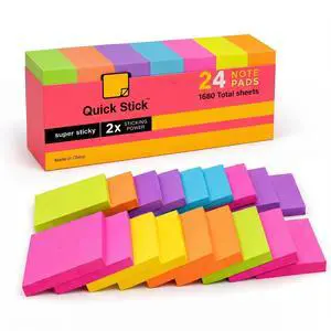 Sticky Notes, 24 Pads, 1680 Sheets Total, 3x3 in Bright Neon Colors, 2X Super Sticky Self-Stick Note Pads for Office, School, Home, Bulk Pack 70 Sheets Per Pad, Strong Hold Memo Notes Sticky Notes, 24 Pads, 1680 Sheets Total, 3x3 in Bright Neon Colors, 2X Super Sticky Self-Stick Note Pads for Office, School, Home, Bulk Pack 70 Sheets Per Pad, Strong Hold Memo Notes