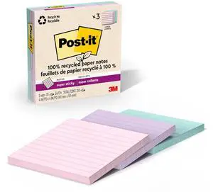 100% Lined Recycled Super Sticky Notes, 3 x 3 in, Pastels, 18 Pads 100% Lined Recycled Super Sticky Notes, 3 x 3 in, Pastels, 18 Pads