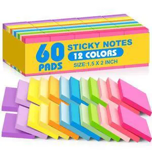 Sticky Notes 1.5x2 in, 12 Bright Colors Self-Stick Note Pads Sticky Notes 1.5x2 in, 12 Bright Colors Self-Stick Note Pads