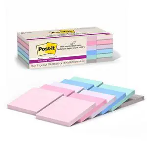Recycled Paper Super Sticky Notes, 2X the Sticking Power, 3x3 in, 12 Pads/Pack, 70 Sheets/Pad, Wanderlust Pastels Collection Recycled Paper Super Sticky Notes, 2X the Sticking Power, 3x3 in, 12 Pads/Pack, 70 Sheets/Pad, Wanderlust Pastels Collection