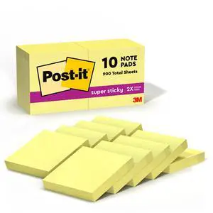 Super Sticky Notes, 2 in x 2 in, 10 Pads, 2X Sticking Power, Canary Yellow, Recyclable Super Sticky Notes, 2 in x 2 in, 10 Pads, 2X Sticking Power, Canary Yellow, Recyclable