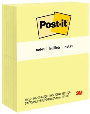 Notes, 3 in x 5 in, 12 Sticky Notes Pads, 100 Sheets per Pad, Canary Yellow, The Original Post-it Note, School Supplies and Oce Products Notes, 3 in x 5 in, 12 Sticky Notes Pads, 100 Sheets per Pad, Canary Yellow, The Original Post-it Note, School Supplies and Oce Products